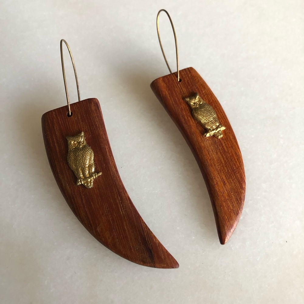 Wooden Owl Charm Earrings